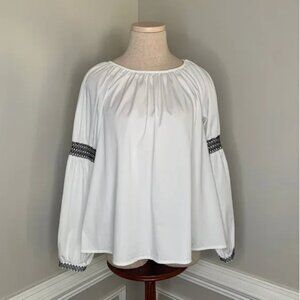 Elizabeth and James Peasant Top Blouse White Embroidered Smocked Sleeve Small
